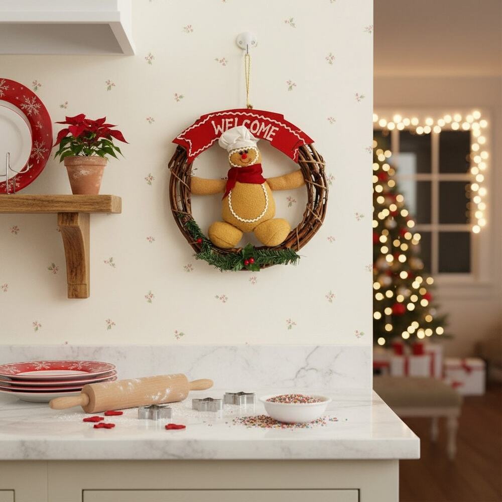 Vintage Gingerbread Christmas Wreath Welcome Sign-Felt-Bakery-Holiday-Country - Picture 2 of 5